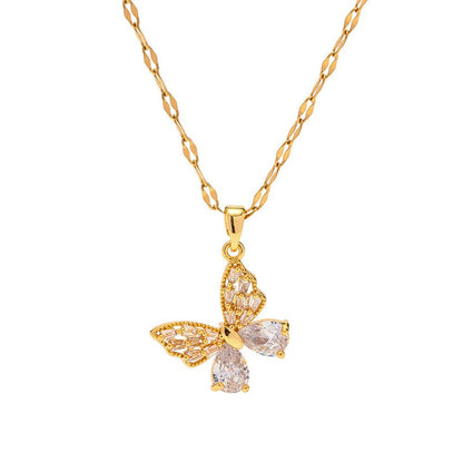 18K Gold Stainless Steel White Zircon Butterfly Pendant Necklace