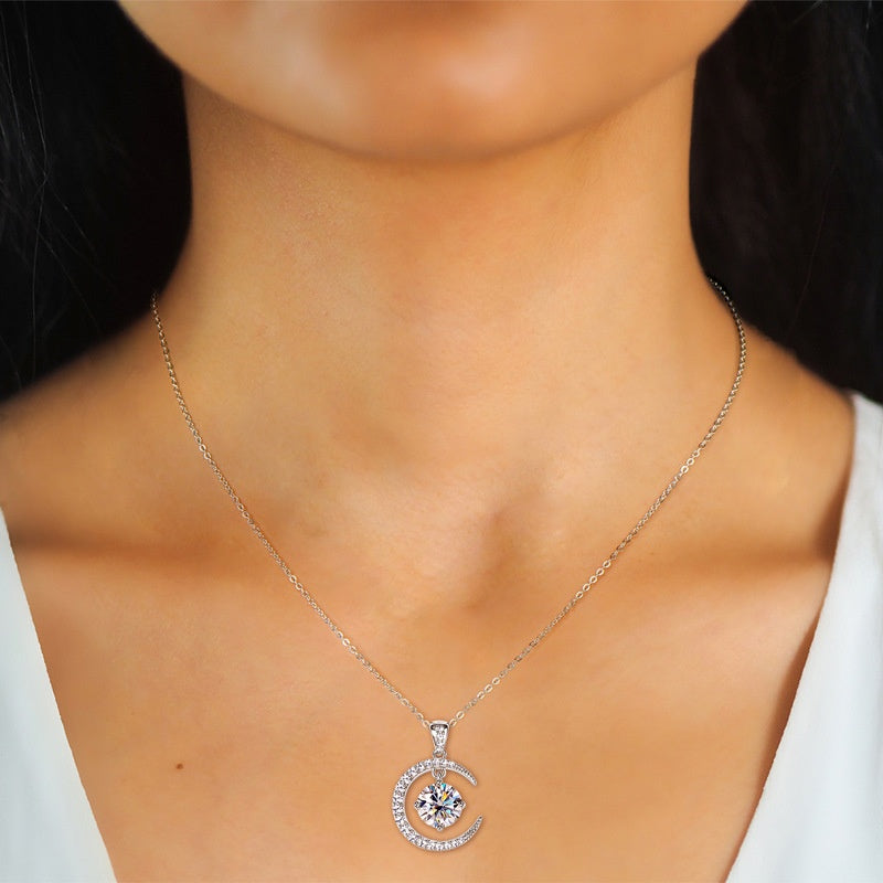 Women's Minimalist Pure Silver Crescent Moissanite Pendant Necklace