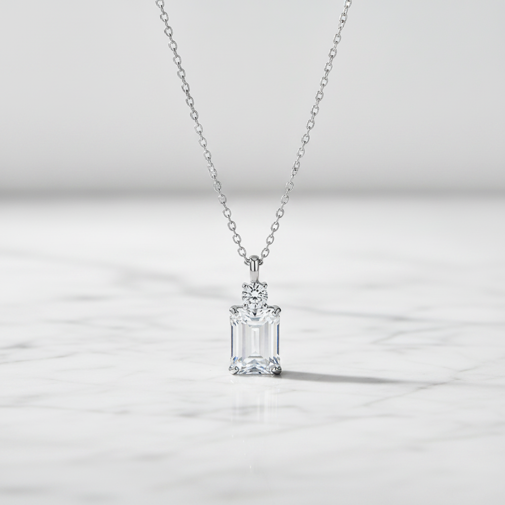 Emerald Diamond Square S925 Sterling Silver Necklace