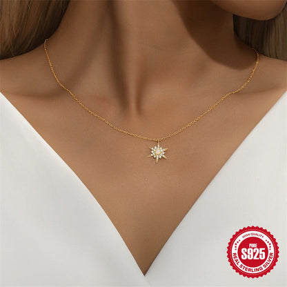 S925 Sterling Silver Diamond-Encrusted Opal Sunflower Clavicle Necklace